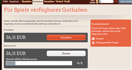 Der Bonus blockiert keine Auszahlungen, so lange noch mit eigenem Geld gespielt wird. Der Spieler hat den Bonus zwar schon auf seinem Spielerkonto, aber die Auszahlungssperre wird erst dann wirksam, wenn der Einzahlungsbetrag verspielt wurde und dann nur noch mit Bonusguthaben weiter gespielt wird. Dann muss zwar sehr viel Mindestspielumsatz gemacht werden, so dass die Gewinnwahrscheinlichkeit eher gering ist, aber es besteht zumindest die kleine Chance. Die Statistik bezglich bereits frei gespieltem Bonusanteil und noch fehlenden Prozenten ist durch die grafische Darstellung sehr bersichtlich.