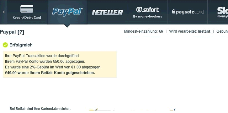 Paypal akzeptiert Betfair als einen der wenigen Premium-Partner der Online-Glcksspielbranche. Das Onlinebezahlsystem lehnt die Kooperation mit unserisen oder zu kleinen bzw. kaum bekannten Brands ab und arbeitet gezielt nur mit den Marktfhrern der Gambling-Branche zusammen, die einen besondes guten Ruf und eine gewisse Tradition in der Spielerszene haben.