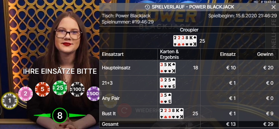 Power Blackjack mit Vervierfachung der Starthand oder nach Split