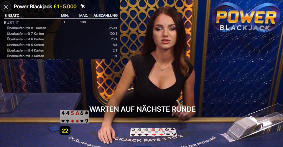 Power Blackjack mit Vervierfachung der Starthand oder nach Split