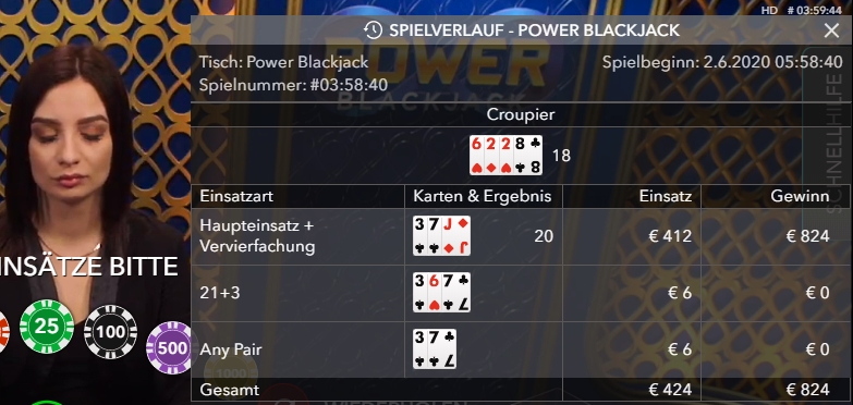 Power Blackjack mit Vervierfachung der Starthand oder nach Split